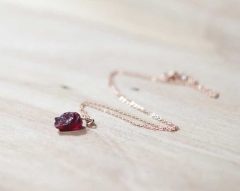 Small Raw Garnet Necklace on Gold Filled, Oxidized Sterling or Sterling Silver Chain, Raw Gemstone Necklace, Layering Rough Garnet Pendant
