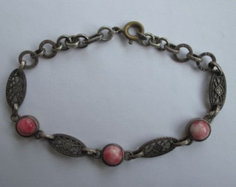 Antique Victorian Natural Coral Filigree Chain Sterling Silver Bracelet