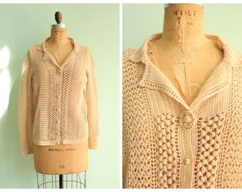 Vintage 1970's Crochet Cardigan Sweater | Size Medium