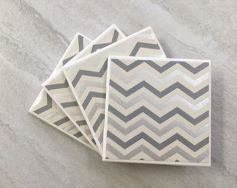 Silver Foil, Silver Coasters, Chevron Coasters, Silver Chevron, Tile Coasters, Ceramic Coasters, Coaster Set, Wedding Coasters, Coasters