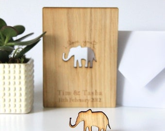 Personalised Anniversary Card, Elephant Wooden Anniversary Card, Engagement Card, 5th Wood Wedding Anniversary Card Gift, Oak, Personalised