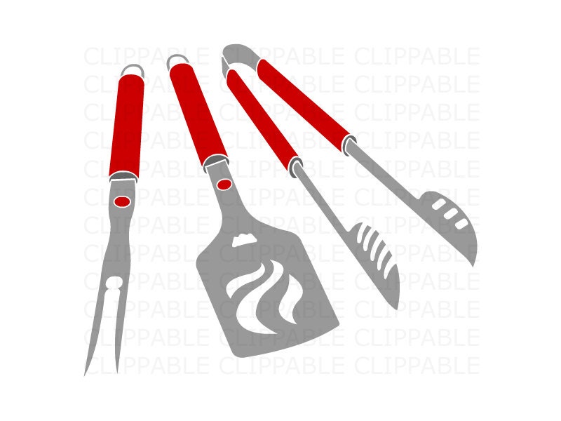 BBQ Grill Cooking Utensils Clip Art 3 Color Variations