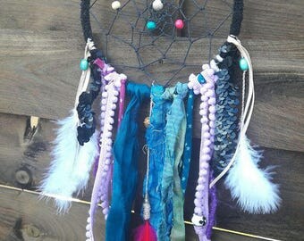 Attrape reves ethnique, indien, plumes, dentelle, dreamcatcher