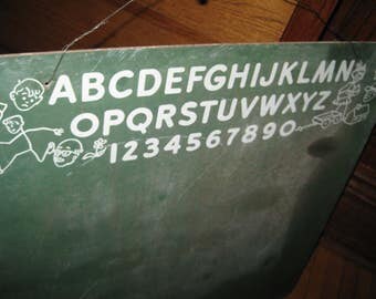 VINTAGE 1950-60's Green Hanging Chalkboard with Stick figures and pictures, Alphabet & Numbers on top 24" x 24"
