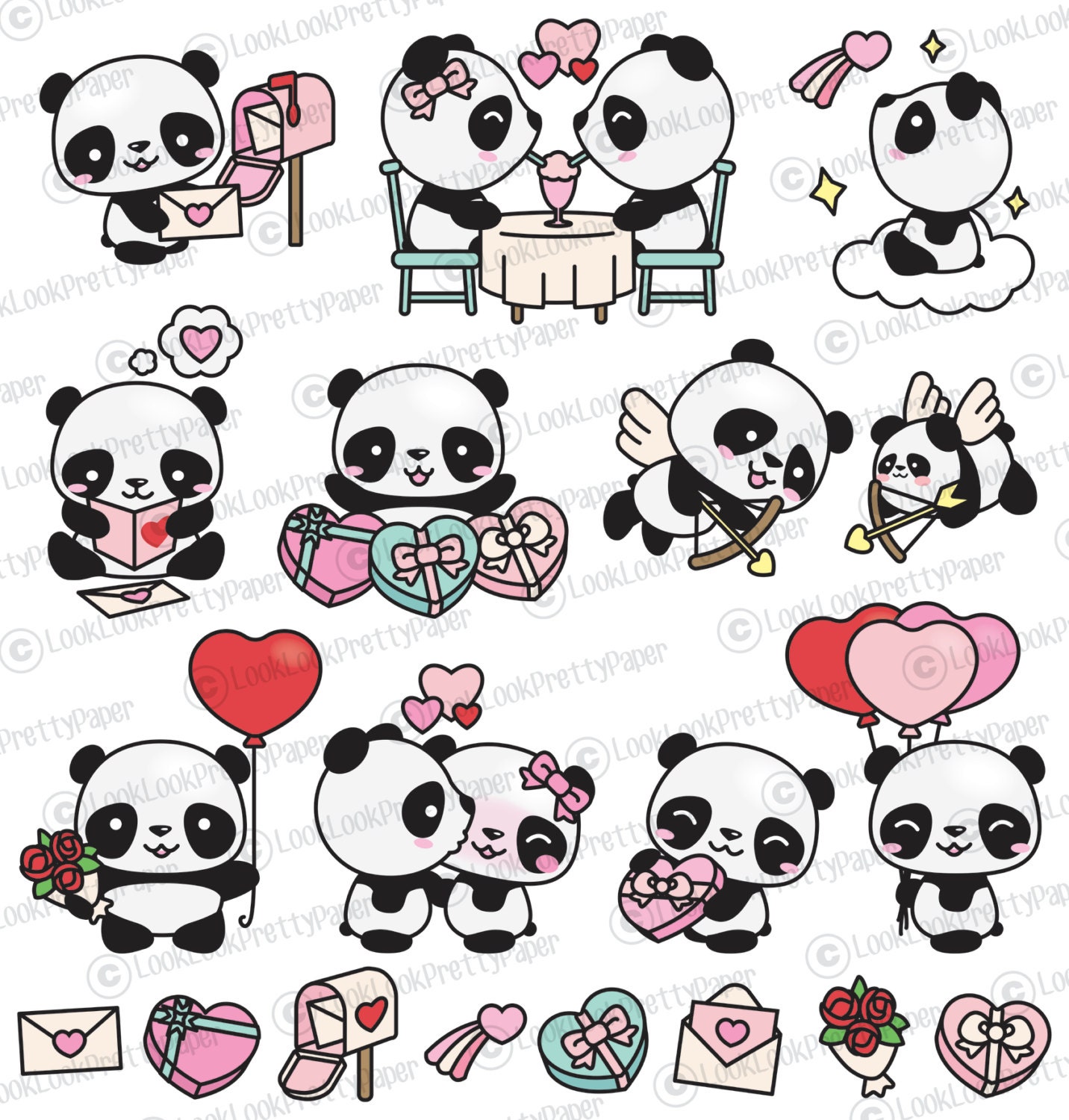 Premium Vector Clipart Kawaii Valentines Day Pandas