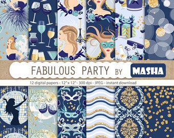 New year digital papers: "FABULOUS PARTY" with party digital paper, new year's eve pattern, celebration pattern, 12 images 300 dpi JPG files