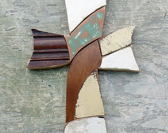 Mosaic Cross, Recycled Wood Cross Christian Art Bohemian Cross Religious Decor Wood Wall Cross Rustic Cross Wooden Cross Boho Wall Art