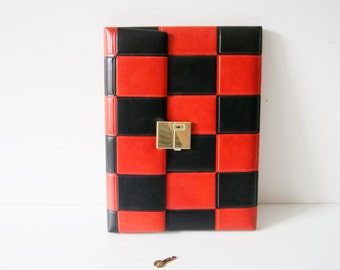 Retro letters workbook, file folders 60s art leather, Binder red black Plaid