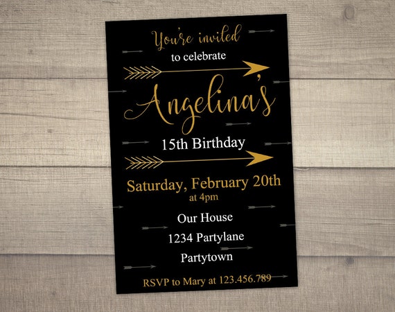 15th Birthday Invitation Arrow Birthday Invitation Black and