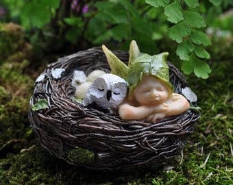 Sleeping Fairy Baby with Owl in Nest