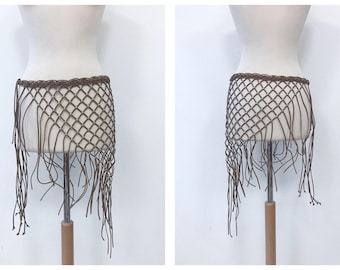 Vintage 1980s brown net hippie boho fringe hip belt