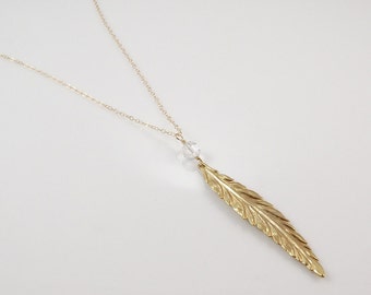 Feather Necklace • Gold Feather Necklace • Long Gold Necklace • Long Crystal Necklace • Women's Gift Necklace