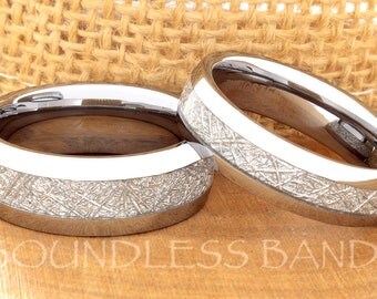 Meteorite Tungsten Wedding Ring Meteorite Inlay Ring Mens Women's Wedding Ring Promise Anniversary Engagement Ring Dome Bridal Ring Sets