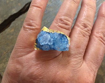 Sky Blue Crystal Druzy Ring, Blue Statement Ring,Large Crystal Ring,Crystal Boho Ring,Druzy Crystal Ring,Adjustable Gold Ring