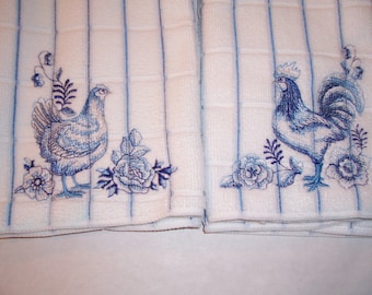 Blue Rooster and Hen Kitchen Hand Towel