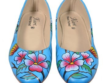 Hand Painted Genuine Leather Ballerinas - Midnight Blue