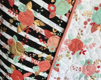 Baby girl Quilt, Modern Floral Quilt, Tribal floral Quilt, Coral, Mint and Gold Baby girl Quilt, Baby shower gift.