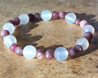 Lepidolite Bracelet/Anti-stress Stone/Yoga Bracelet Zen/Anxiety Gemstone/Mala Beads Zen/Faceted Clear Agate/Gypsy Pink Jewelry/Gift Men Girl