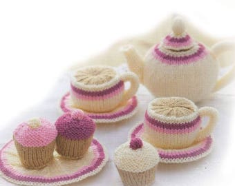 Download Toy Food Pattern to knit Tea Set Teapot Cup Saucer Plate Cupcake knitting pattern instant download