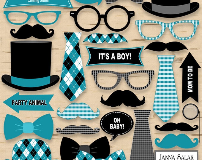 Printable Little Man Photo Booth Props Baby Shower Black and Teal Blue Pdf DIY INSTANT DOWNLOAD LM007