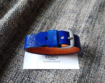 Unisex double leather bracelet 19M 'Navy/Tan'
