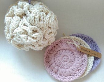 Crochet bath set, Bath pouf and facescrub, organic cotton gift set