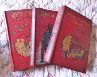Bundle of three late Victorian books in red/dark red - vintage decor 1890's prop antique books library display decorative covers and spines