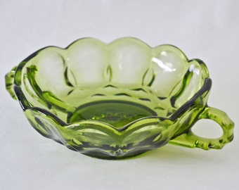 Green Cut Glass Bowl with Scalloped Handles Oval Vintage