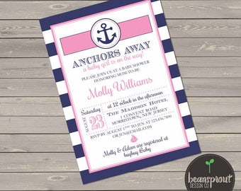 Anchors Away Baby Shower - Nautical Girl Baby Shower Invitation - Navy Blue and Pink Baby Shower - Girl Baby Shower - Nautical Invite