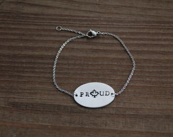 PROUD - hand stamped Canadian - maple leaf proud bracelet.