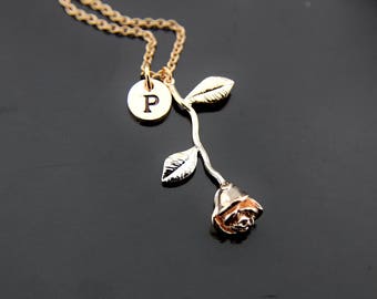 Rose Necklace, Rose Gold Rose Charm Necklace, Love Rose Charms, Flower Rose Charms, Personalized Necklace, Initial Charm, Initial Necklace