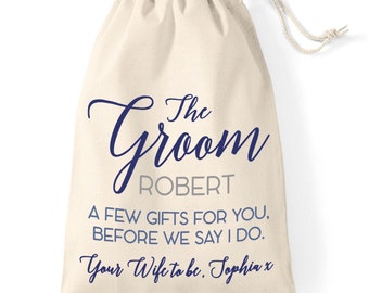 Gift bag for the Groom. Wedding day cotton gift bag. Personalised wedding keepsake. Husband to be.