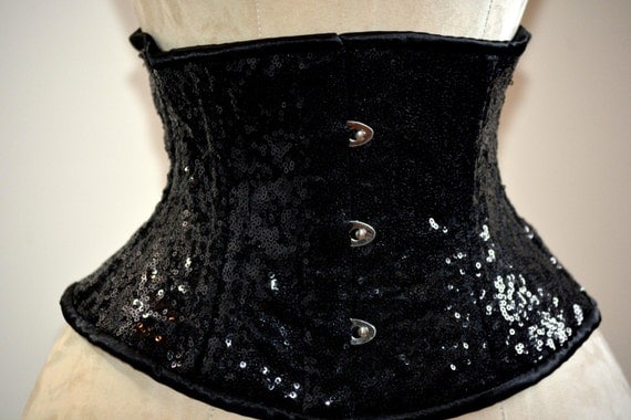 Shiny siquins steel-boned authentic waspie corset for tight lacing and waist training. Gothic, vintage, burlesque, pinup, steampunk, prom by Corsettery steampunk buy now online