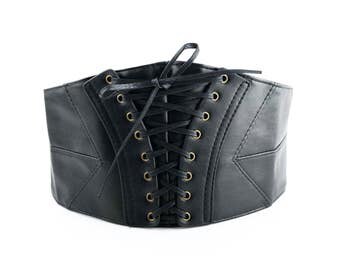 Soft Leather Corset Waist Black Lace Up Slimming Wrap For Women Ladies Black