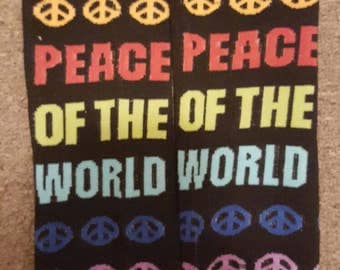 Black double sided peace of the world baby leg warmers