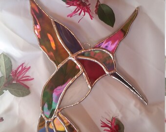 Stained glass hummingbird suncatcher. Tiffany style. Bird gift home decor green iridescent