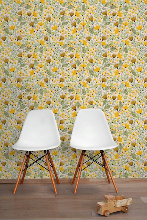 Yellow Flower Pattern Wallpaper Removable Wallpaper Wall