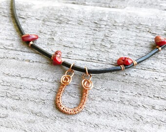 Western Necklace - Copper Necklace - Necklace - Wire Wrap Jewelry - Horse Shoe Jewelry - Equine Pendant - Leather Necklace - Handmade