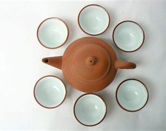 Tiny Clay Teapot & Six Porcelain Interior Cups - Unglazed Yixing Style Teapot - Small size also works as child size tea set for 6/Doll Decor
