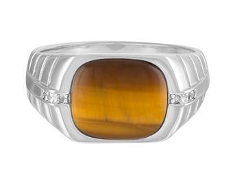 Genuine Diamond Tiger's Eye Ring, Sterling Silver Ring, Men's Tiger's Eye Ring, Brown Stone Ring, Tiger's Eye Jewelry, Men's Ring, Size 10