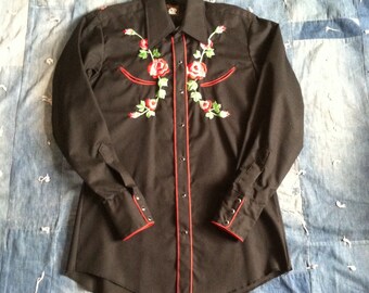 Vintage Black Western Shirt - Red Rose Cowboy Shirt