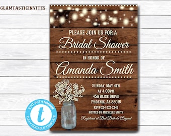 Rustic Bridal Shower Invitation, Rustic Invitation, Mason Jar invitation, Flower Invitation, Bridal Shower Invitation, Wood Invitation