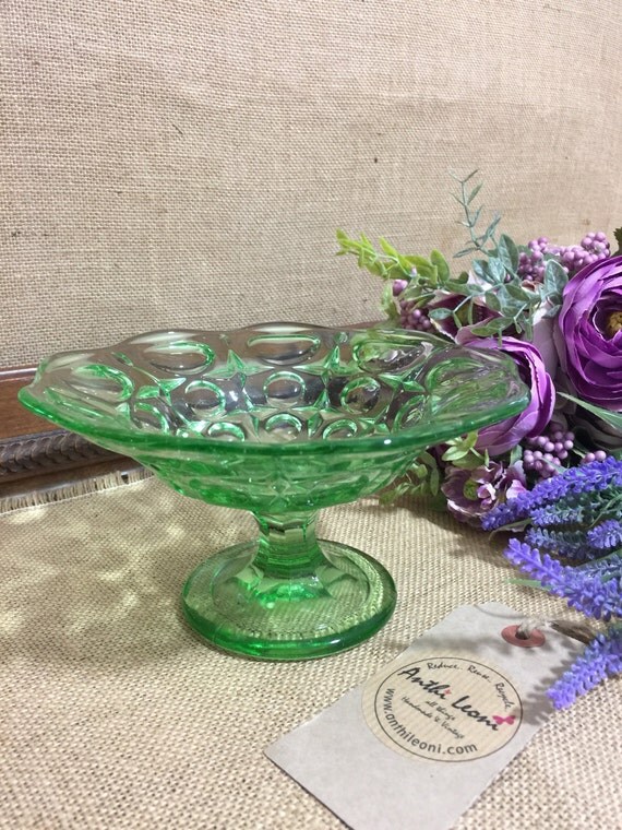 Green Anchor Hocking Depression Glass Candy Dish - Pressed Green Glass Pedestal Bowl - Retro Glassware - Circa 1950s