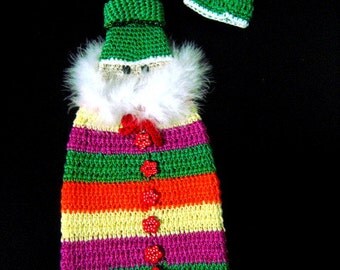 Crochet Cover for wine bottle, Christmas Cover bottle, Santa Claus cover, Red wine cozy, Decorazione Gilet bottiglia (Cod. 13)