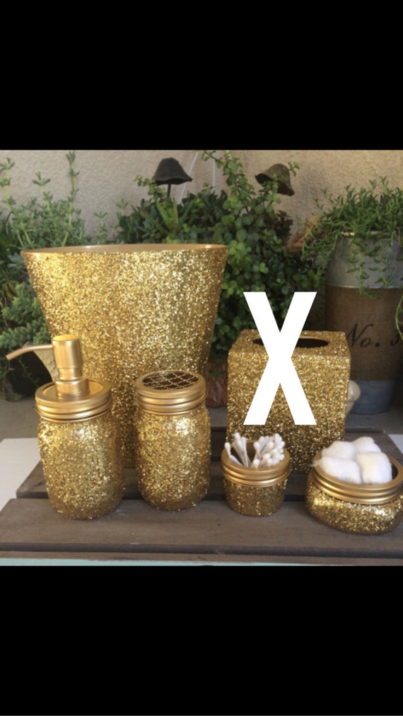 Gold glitter mason jar bathroom set soap dispenser by BBAHomemade