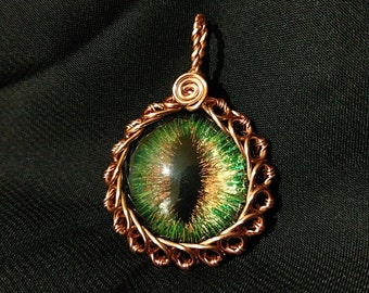 Hazel Hand-Painted Dragon Eye Pendant w/Copper Wire Wrap (with Necklace)