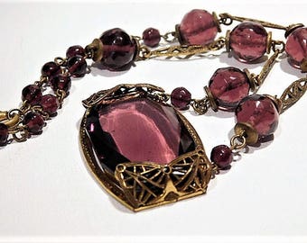 Art Deco Czech Amethyst Glass Necklace Choker 1930s 30s Czechoslovakia Bohemian Fashion Jewelry Brass Filigree Spring Summer Wedding Mom