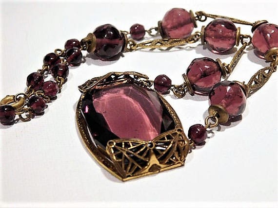 Art Deco Czech Amethyst Glass Necklace Choker 1930s 30s Czechoslovakia Bohemian Fashion Jewelry Brass Filigree Spring Summer Wedding Mom