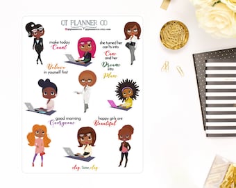 Sisters Slay at Work Planner Stickers-Decorative, Functional, Quotes, for your Erin Condren Life Planner, African American, Dark Skin Women