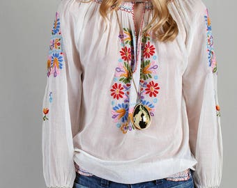 Vintage 1920s Hand Embroidered Peasant Blouse, Hungarian 20s 30s Boho Blouse guaze Women's Bouses, Top